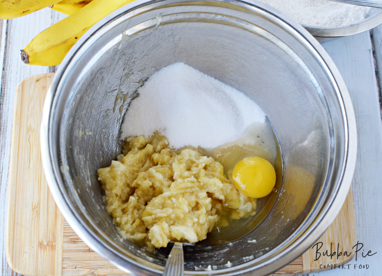 mix your ingredients into a large bowl for this banana bread recipe