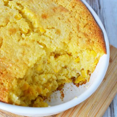 This easy corn pudding casserole uses Jiffy Corn Muffin Mix