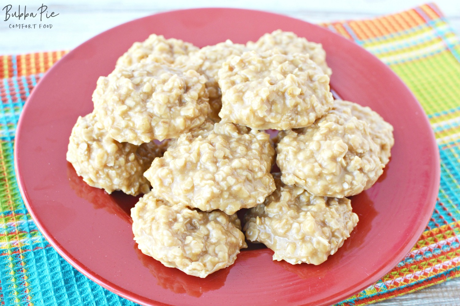 No bake Peanut Butter Cookies on a plate on the counter. I always steal a couple extra!