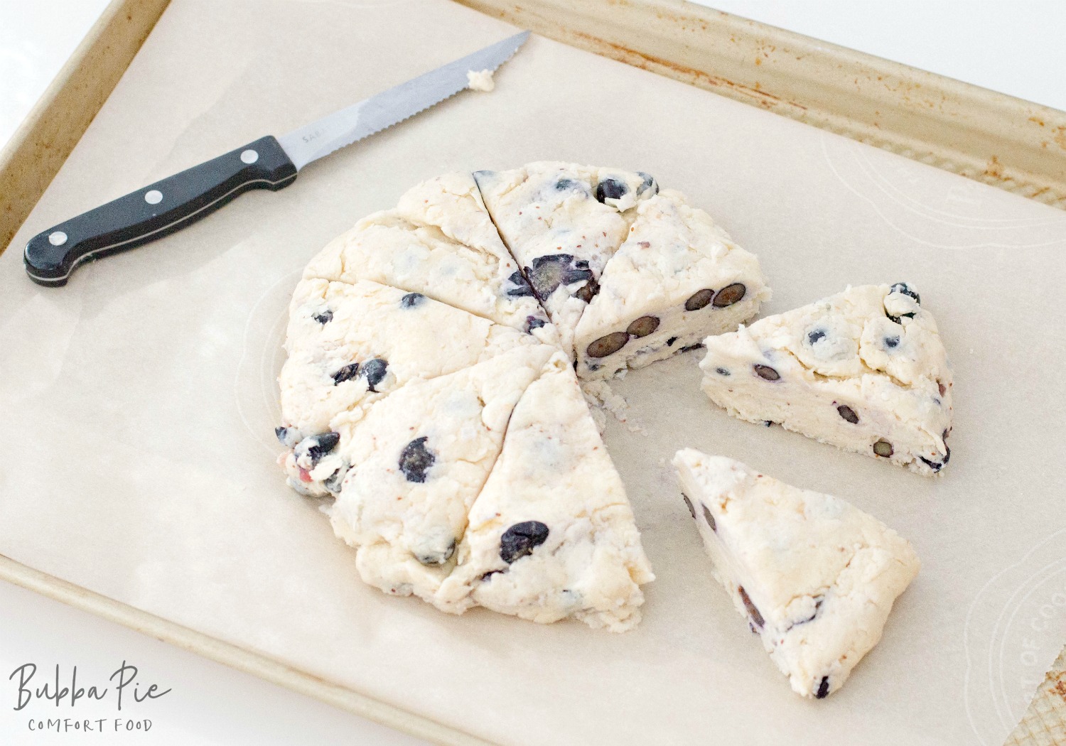 easy blueberry scone recipe is cut into sections before it goes in the oven