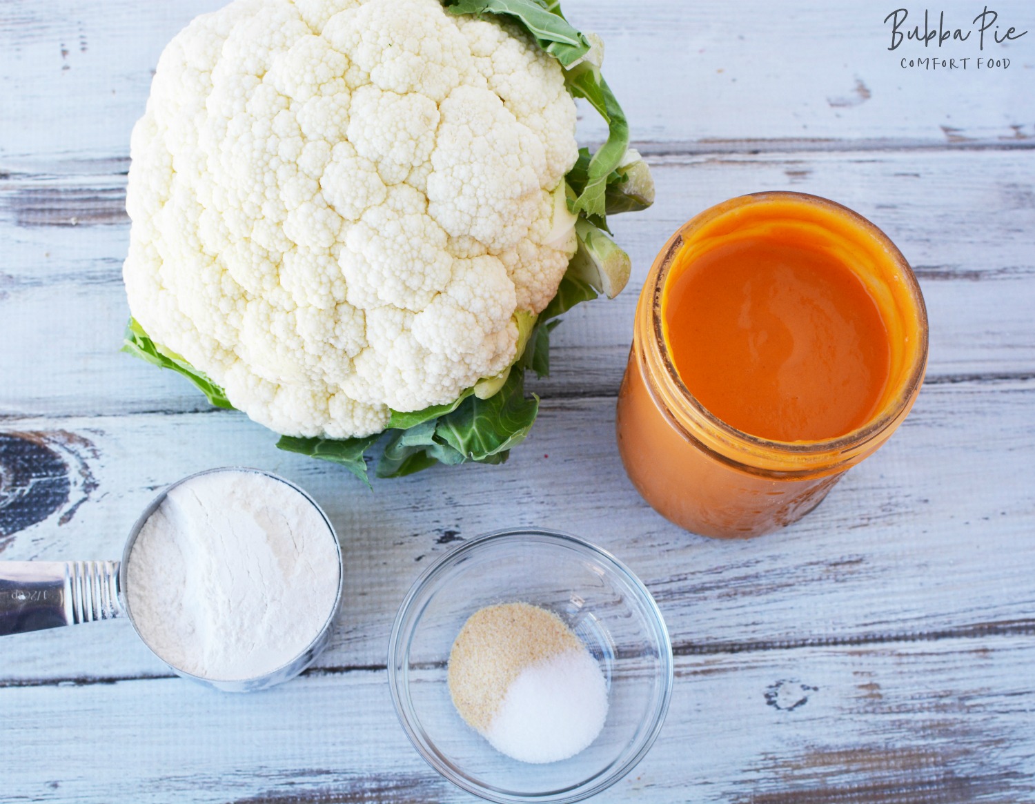 Cauliflower Buffalo Wings includes buffalo sauce, flour, garlic and salt