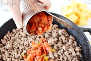 Add tomatoes to browned ground beef.