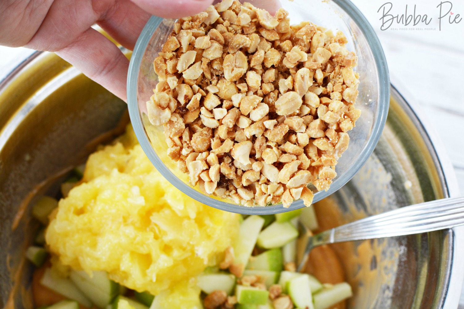 Camping Salads like this caramel apple salad with nuts are great for picnics or potlucks