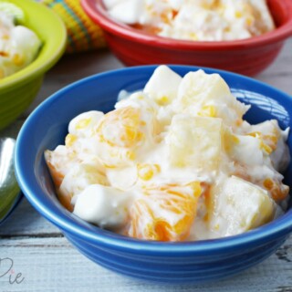 This 5 cup salad has oranges, pineapple, sour cream and marshmallows.