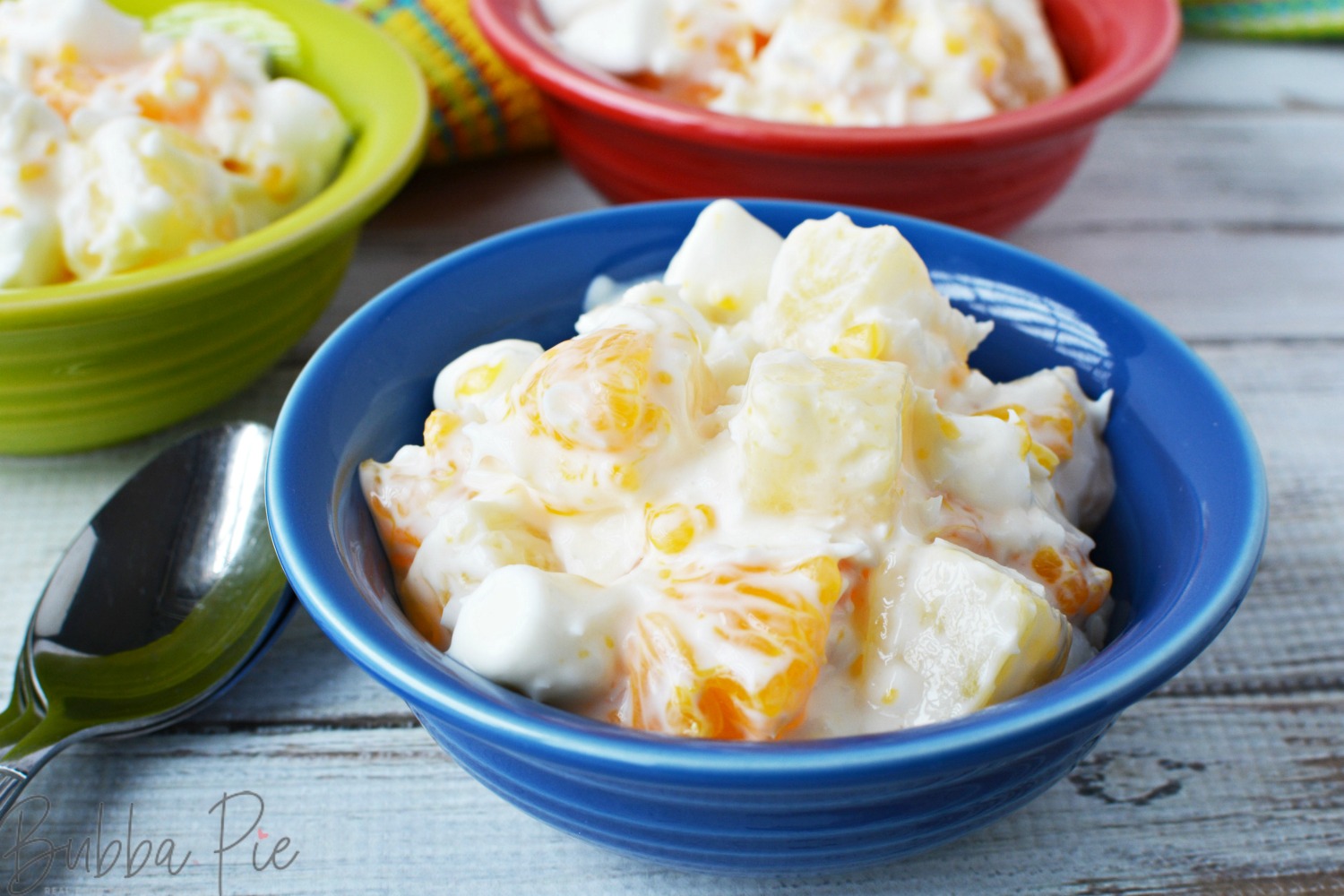 This 5 cup salad has oranges, pineapple, sour cream and marshmallows. 