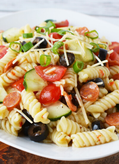 Rotini Pasta Salad Recipe sitting on a plate with a napkin