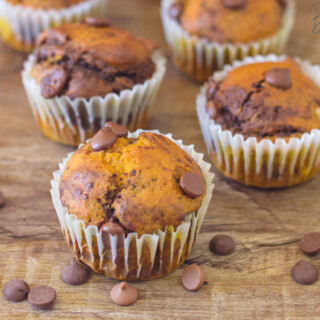 Pumpkin Chocolate Chip Muffins sitting on a plate with chocolate chips make a great thanksgiving dessert.