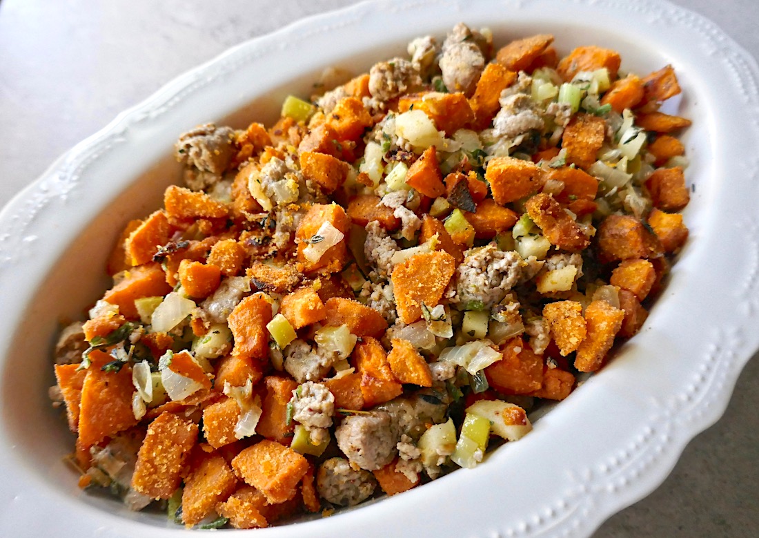 paleo sweet potato sausage stuffing sitting as a thanksgiving side dish on a table