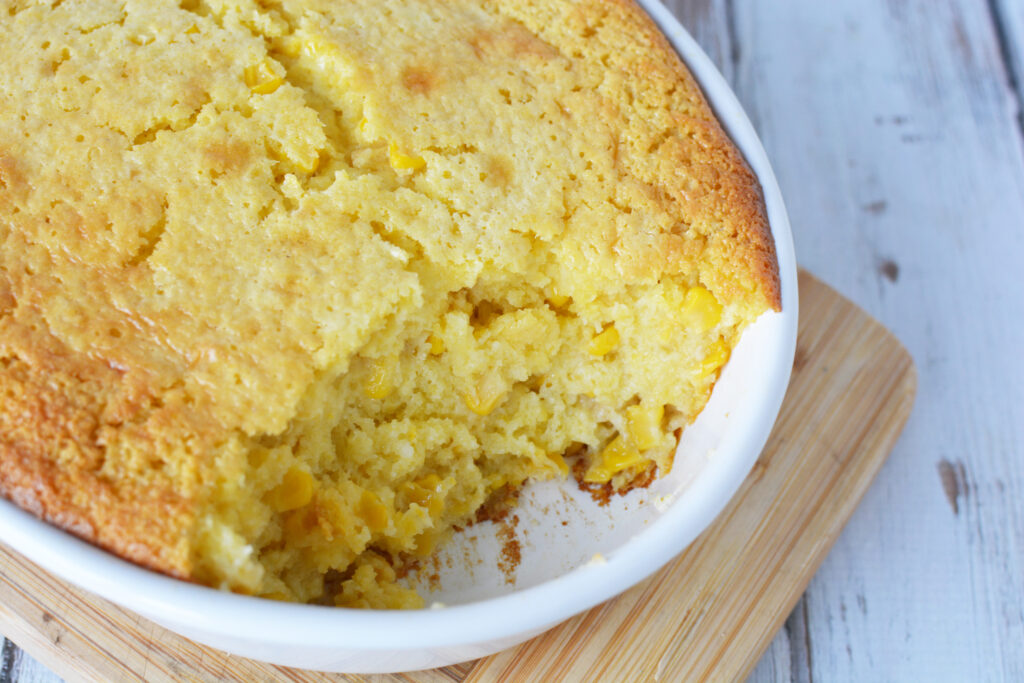 Corn Pudding Casserole being served for dinner. 