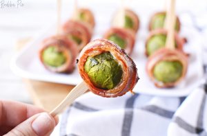 Bacon Wrapped Brussels Sprouts on a toothpick