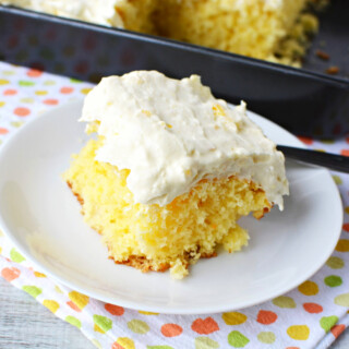 Easy Pineapple Sunshine Cake is made with whipped cream, yellow cake mix and pineapples