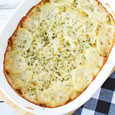 Scalloped Potatoes in a casserole dish