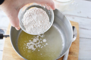 Stir in flour, salt and pepper.