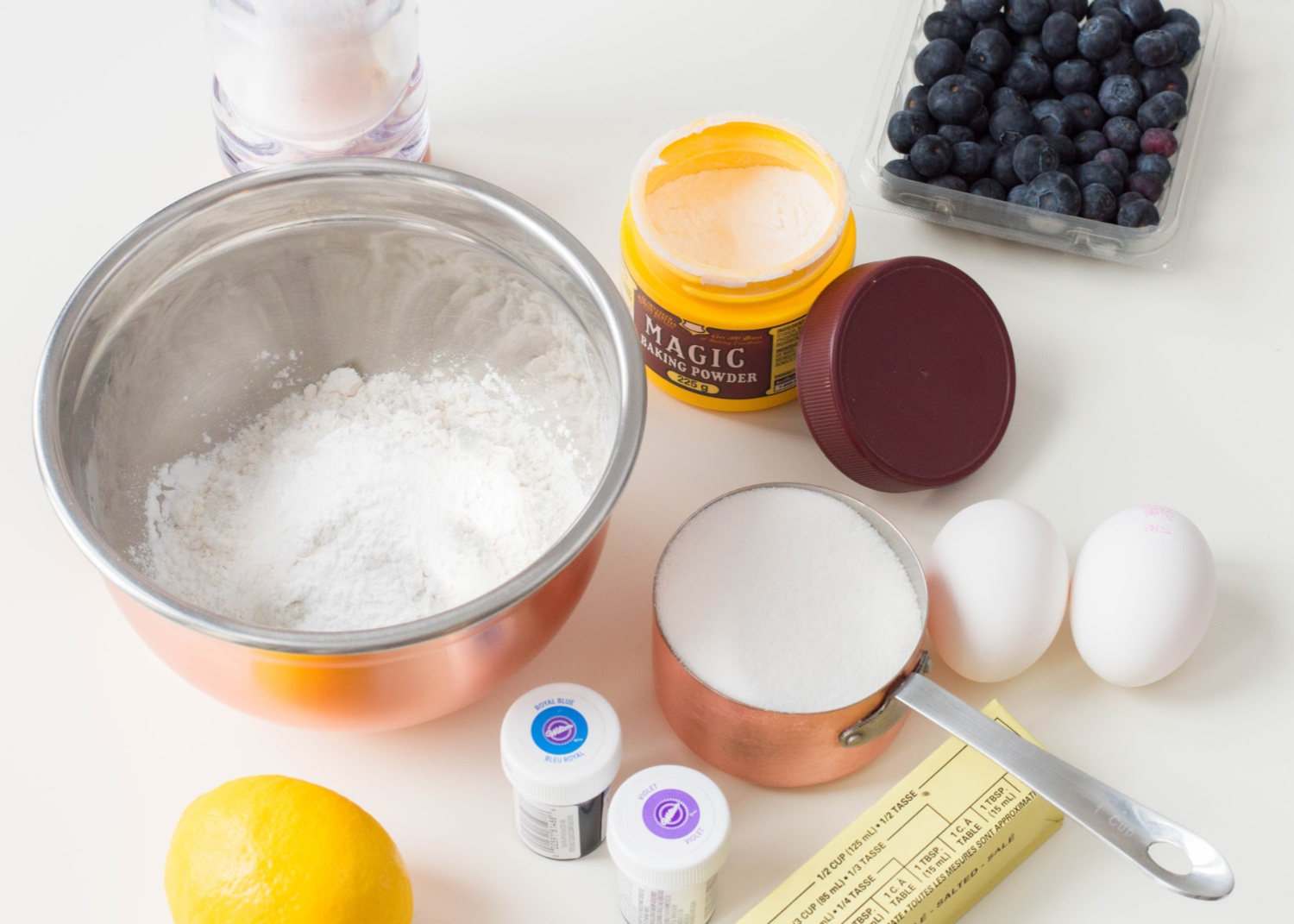 Lemon Blueberry Cupcakes Ingredients include eggs, flour, sugar, lemon zest and fresh blueberries