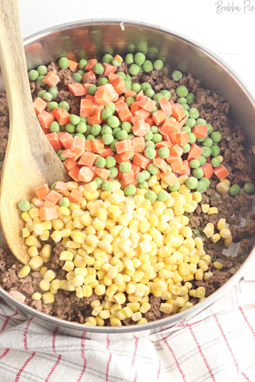 Shepherd's pie includes corn, peas and ground beef