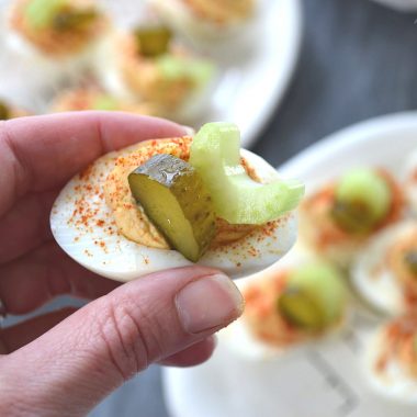 bloody mary deviled eggs being served for brunch