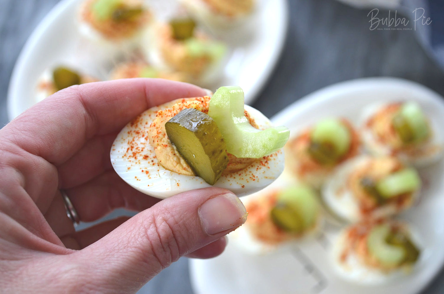 bloody mary deviled eggs being served for brunch