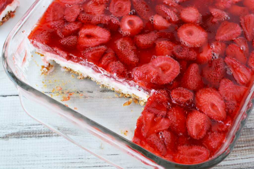 Easy Strawberry Pretzel Salad being served for dessert