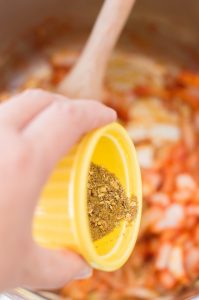 Italian seasoning being added to Instant pot tortellini Soup