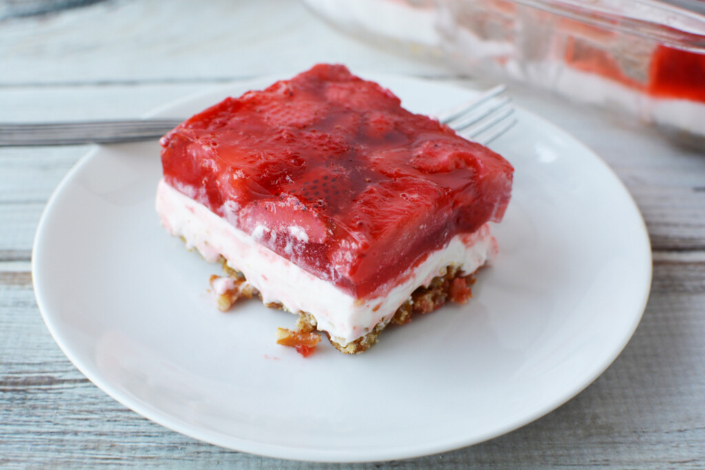 Old Fashioned Strawberry Pretzel Salad on a white plate