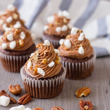 Rocky Road Cupcakes with marshmallows, chocolate and pecans.