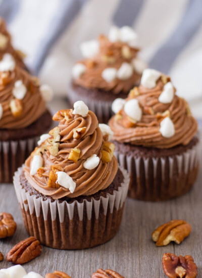Rocky Road Cupcakes with marshmallows, chocolate and pecans.