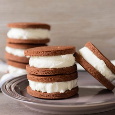 Chocolate Ice Cream Sandwich has a soft and chewy wafer with smooth and creamy vanilla ice cream.