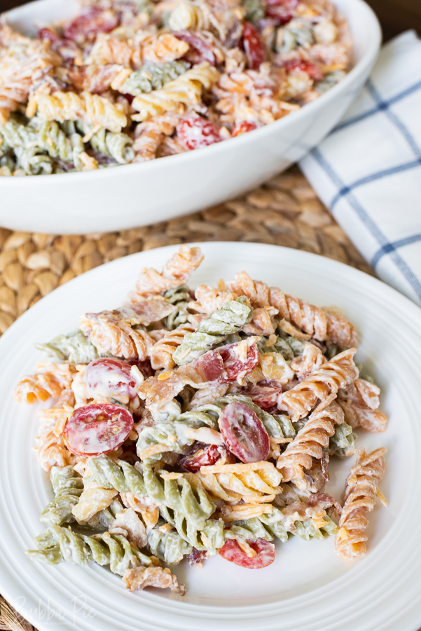 Ranch and Bacon Pasta Salad being served as a side dish for a cookout. 