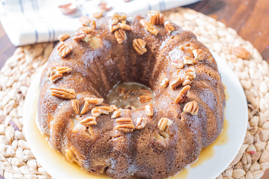 Apple and Pecan Cake Covered In Caramel Drizzle