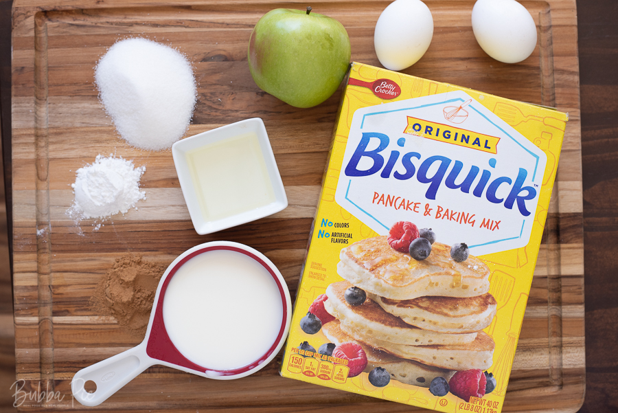 Apple cinnamon Pancakes Ingredients include bisquick, apples, cinnamon and egg.