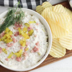 Dill Pickle Dip is a great appetizer for the holidays using leftover ham.