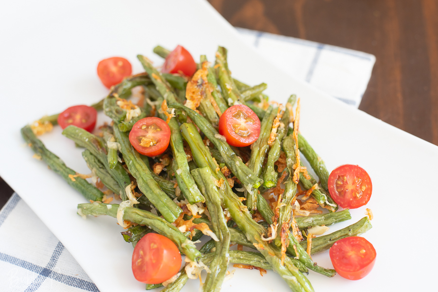 Oven Roasted Green Beans being served as a holiday side dish.