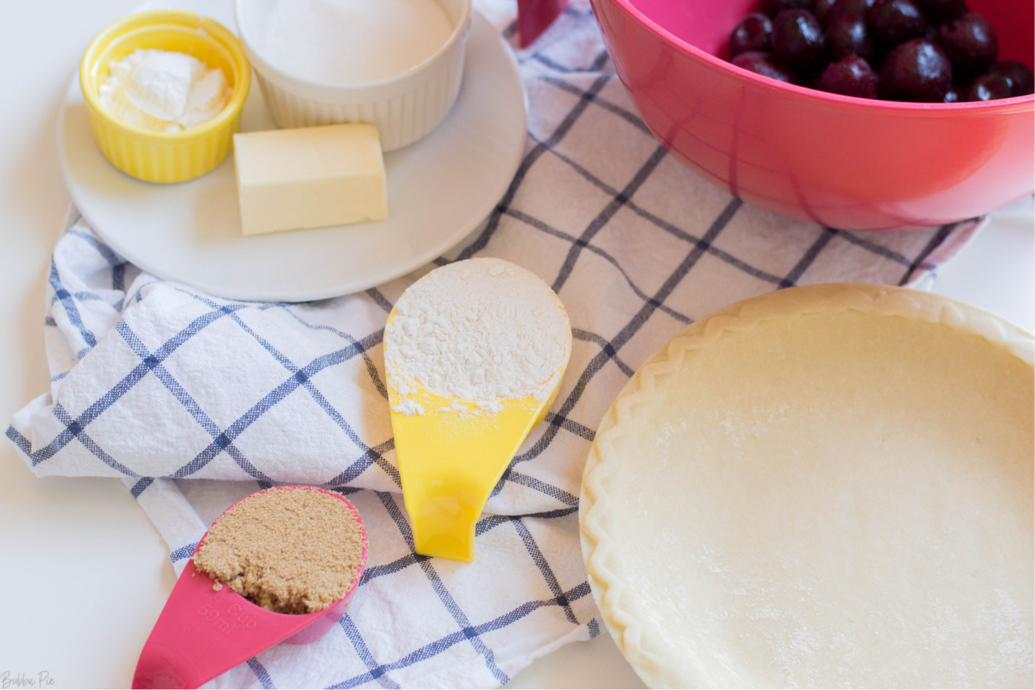 Cherry Crumble Pie Ingredients include butter, brown sugar and flour. 