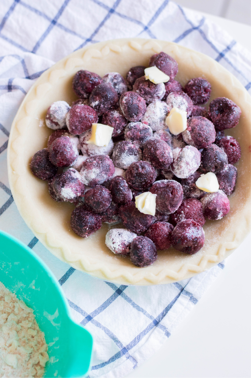 Cherry Crumble Pie uses frozen cherries mixed with butter. 
