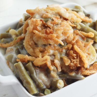 Crockpot Green Bean Casserole being served as a holiday side dish.
