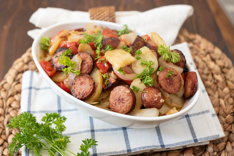 Fried Potatoes with Sausage being served for dinner.