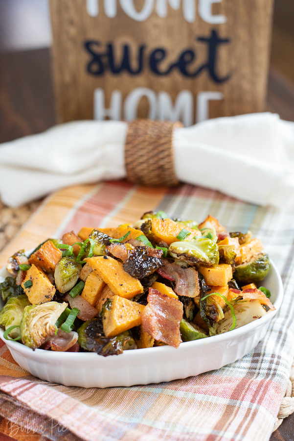 Roasted Brussels Sprouts with Sweet Potatoes Side Dish for thanksgiving.