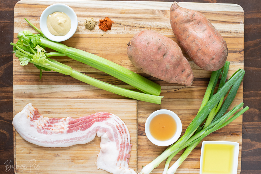 Sweet Potato Salad Ingredients include bacon, celery and green onions in a homemade honey mustard dressing. 