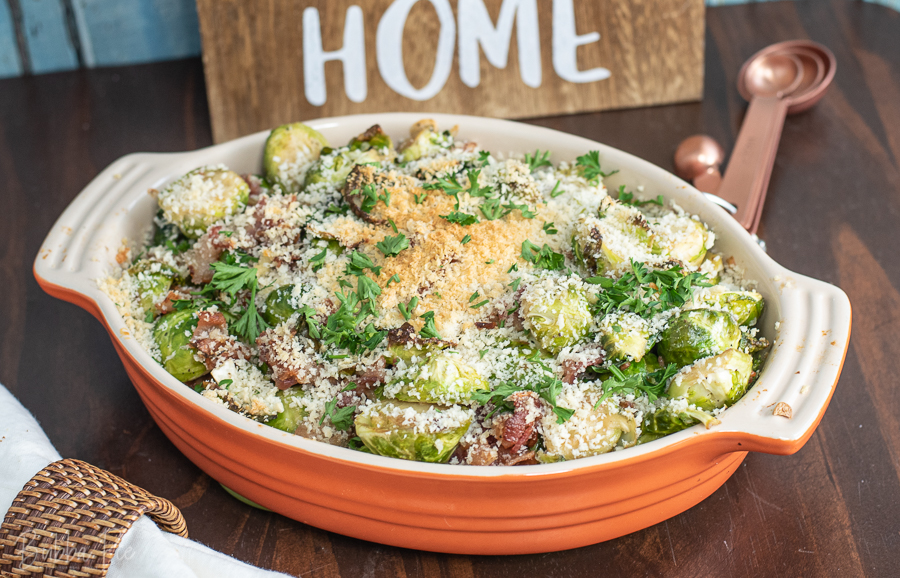 Brussel Sprouts Au Gratin with butter, cheese and bacon.