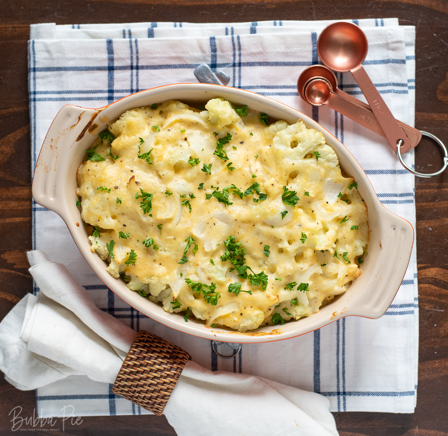 Cauliflower Au Gratin being served as a side dish for dinner. 