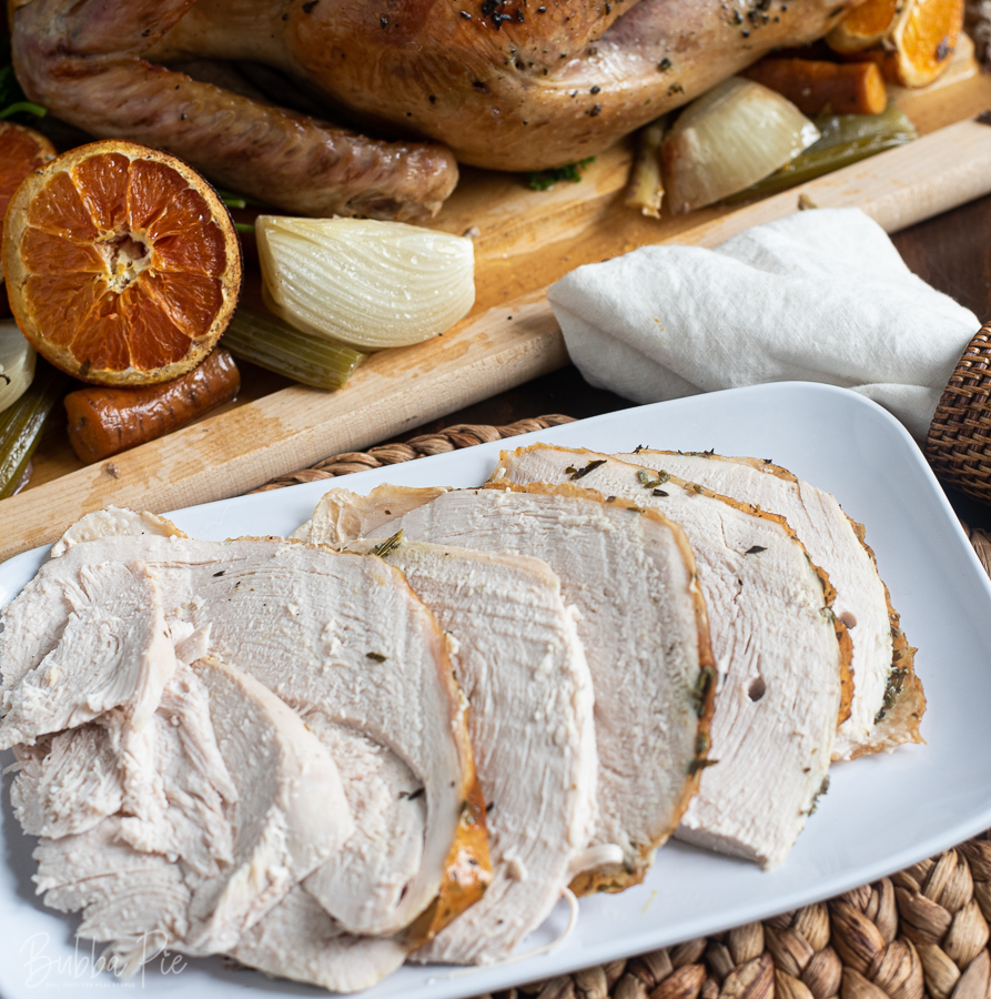 Herb Butter Turkey being served for Thanksgiving Dinner.