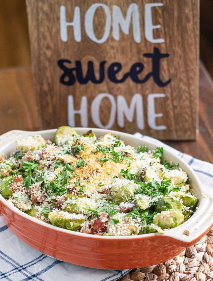 Roasted Brussel Sprouts Casserole being served on a dinner table.