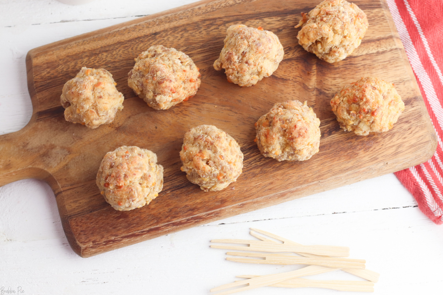 Sausage Balls made with bisquick on a serving platter.