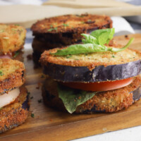 Eggplant Napoleon is a vegetarian side dish or appetizer.