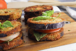 Eggplant Napoleon is a vegetarian side dish or appetizer.