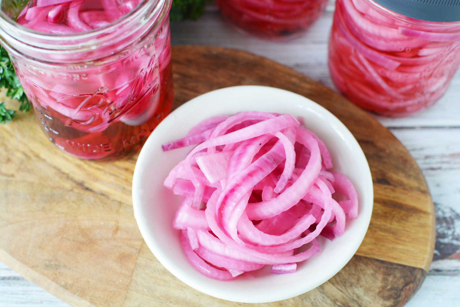 Pickled Red Onions in a white dish