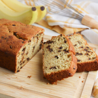 Cake Mix Banana Bread Recipe on a wooden cutting board