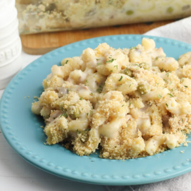 Tuna Noodle Casserole Recipe sitting on blue plate.