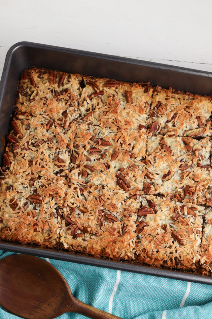 Hello Dolly Bars being taken out of the oven. 