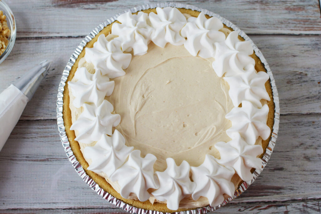 no bake peanut butter pie ready to serve.